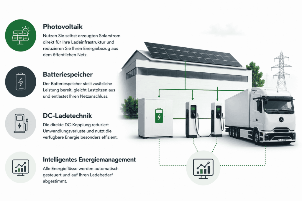 Illustration einer nachhaltigen LKW-Ladeinfrastruktur mit Photovoltaikanlage, Batteriespeicher, DC-Schnellladestationen und intelligentem Energiemanagement.